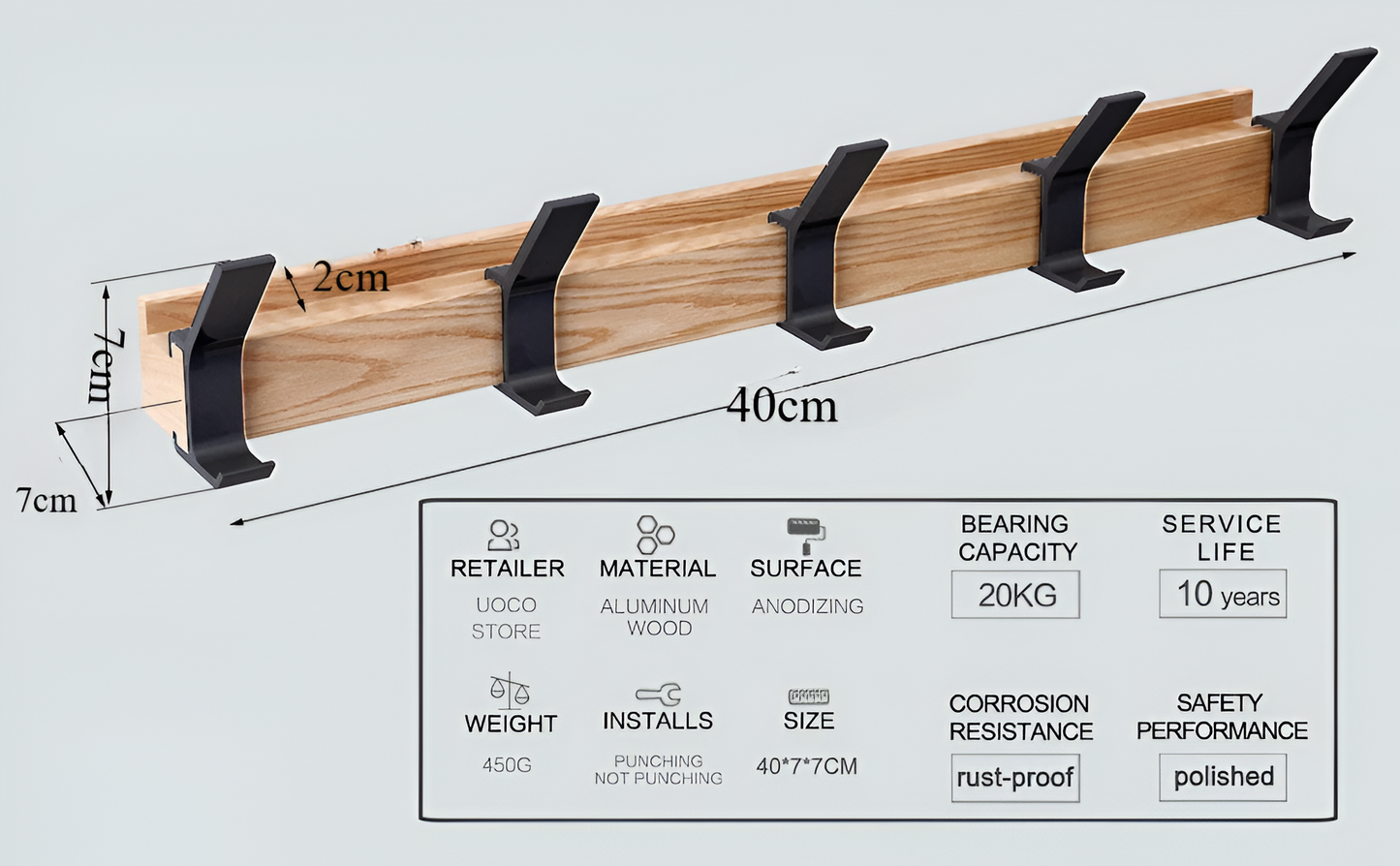 Porte-Vêtements HookMov – Support mural multifonction en bois avec crochets en aluminium