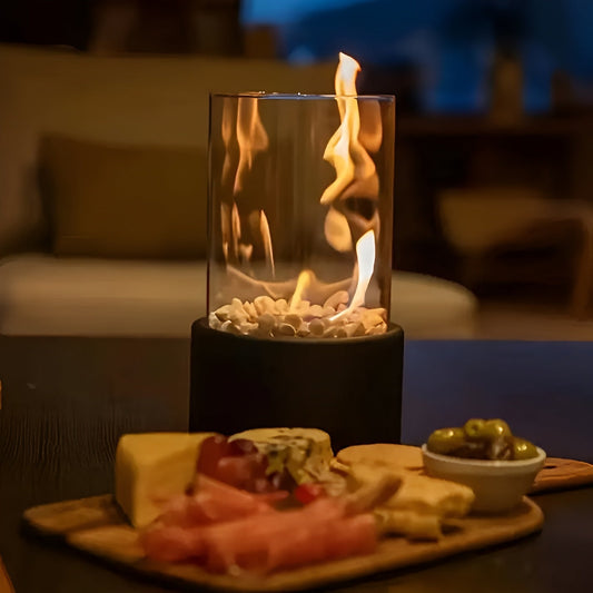 SleekFlame - Élégant foyer de table en métal et verre