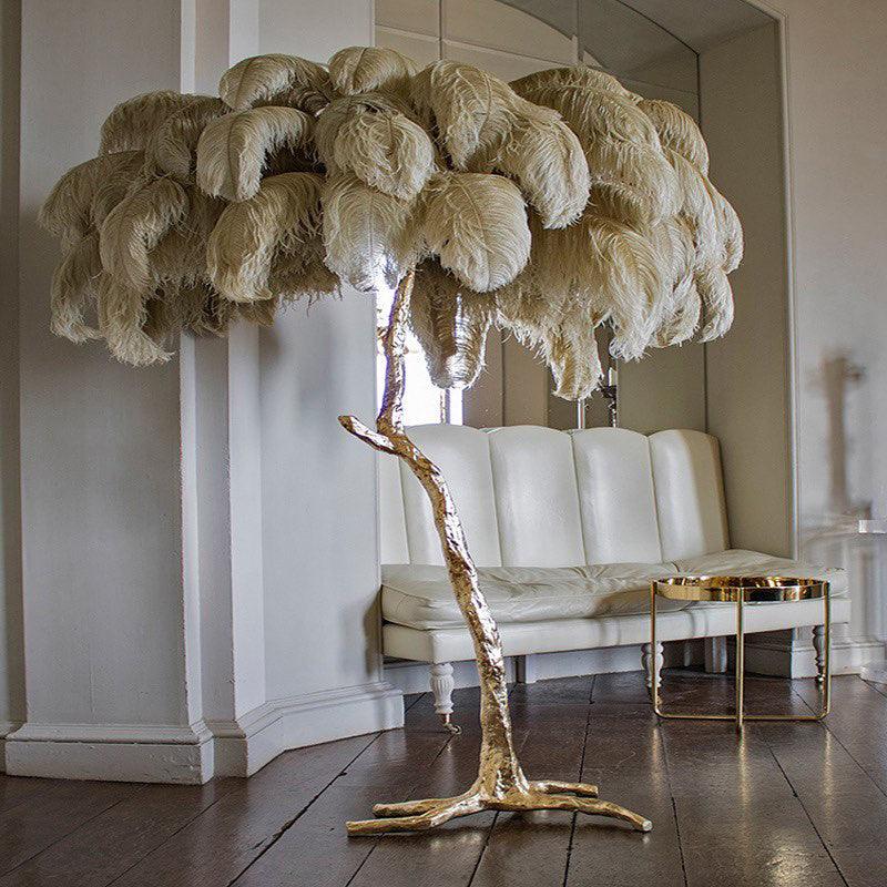 Elysia – Moderne Plumes d'autruche et Lampe de sol en métal